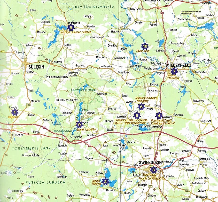 Pojezierze Lubuskie: Szczegółowa mapa regionu z atrakcjami
